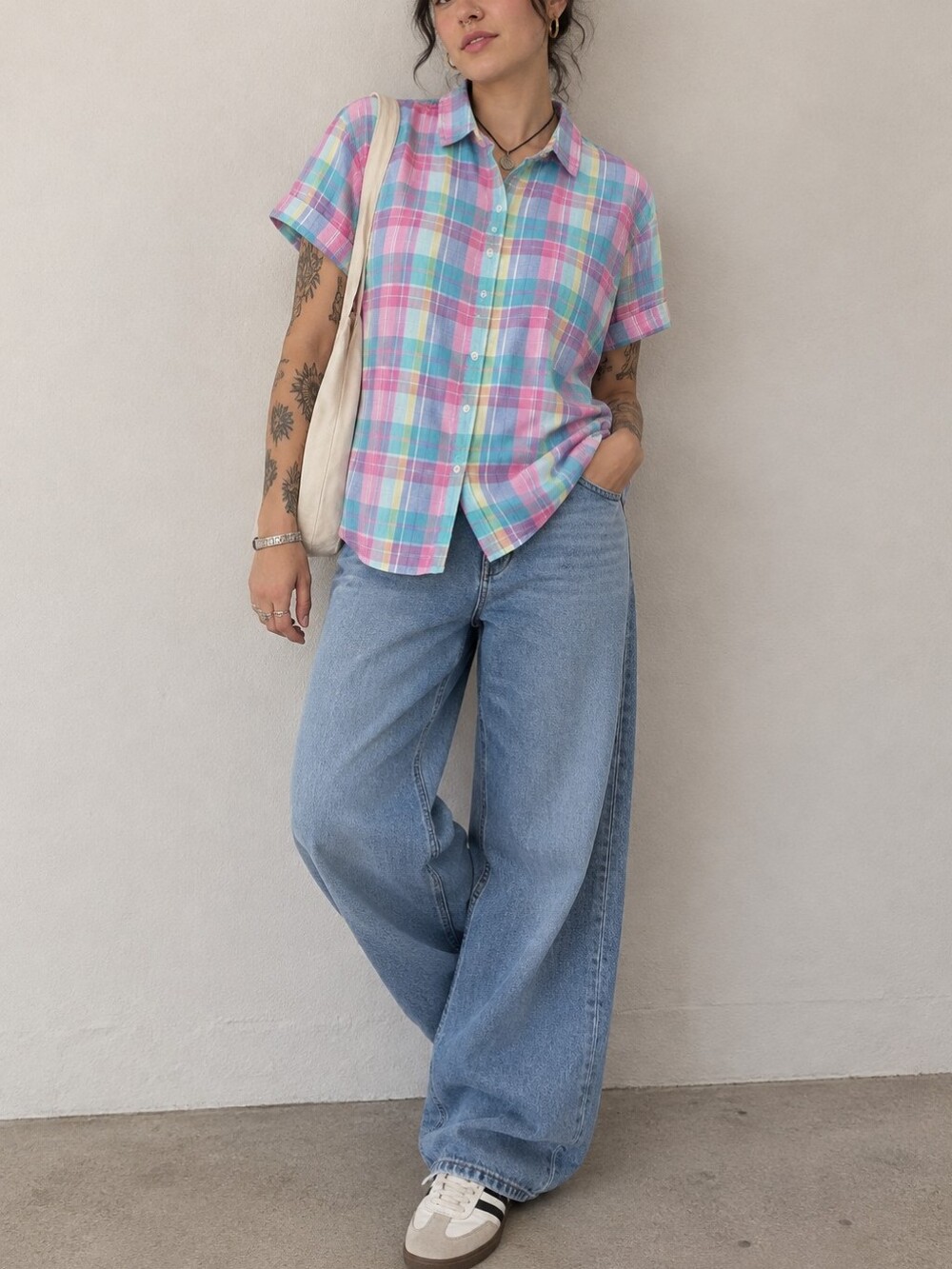 CHAPS Colorful Plaid Short Sleeve Button-Up Shirt – Size M